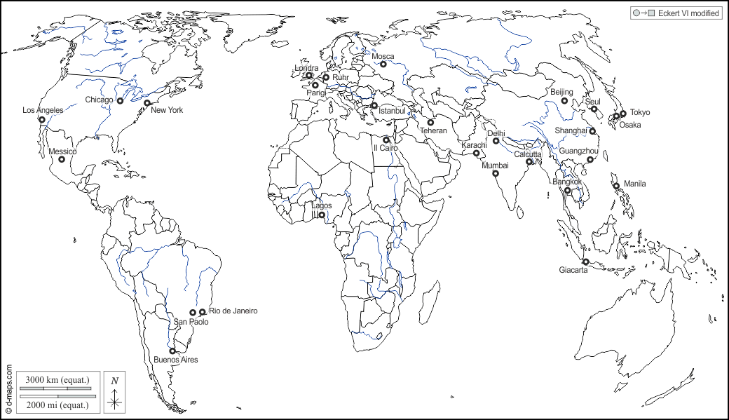 Planisfero Mondo (Europa Africa) mappa gratuita, mappa muta gratuita, cartina  muta gratuita idrografia, stati, agglomerazioni principali, nomi, bianco