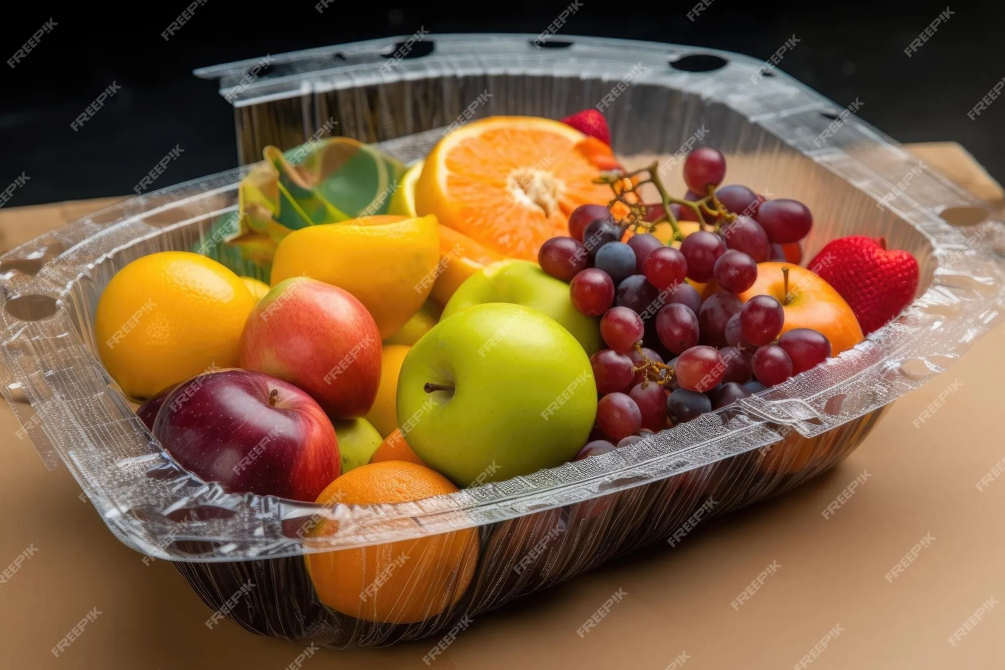 Primer plano de una bandeja de frutas con envases hechos con materiales  reciclados creados con ai generativa | Foto Premium