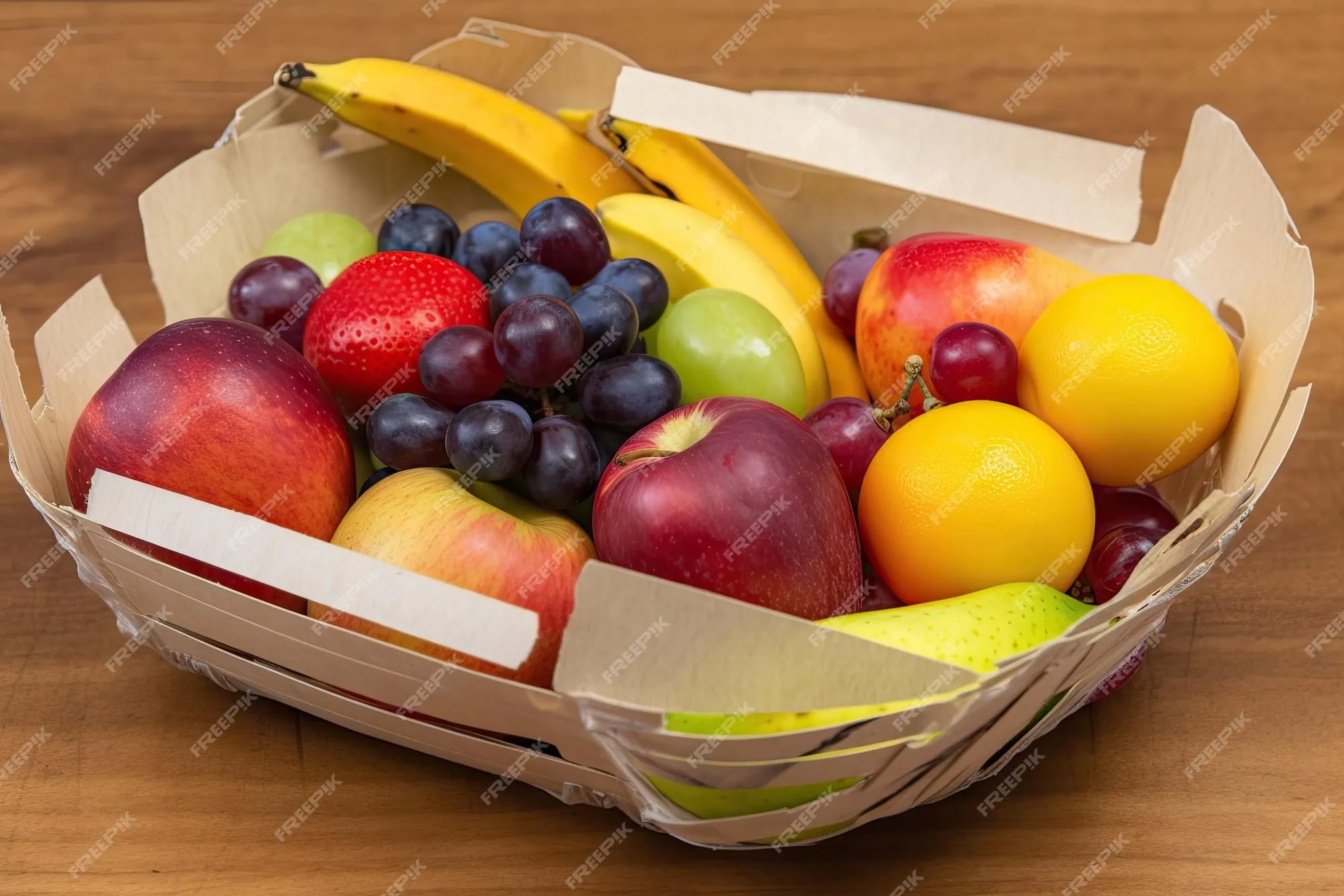 Primer plano de una bandeja de frutas con envases hechos con materiales  reciclados creados con ai generativa | Foto Premium