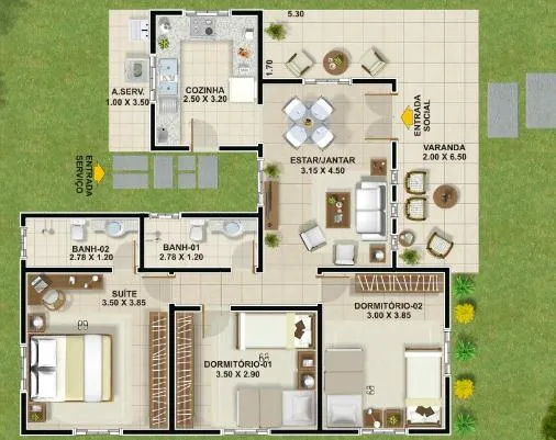 Plano de casa de 100 metos cuadrados - 3 dormitorios - 1 Piso Plano de casa de 100 metos cuadrados - 3 dormitorios - 1 Piso