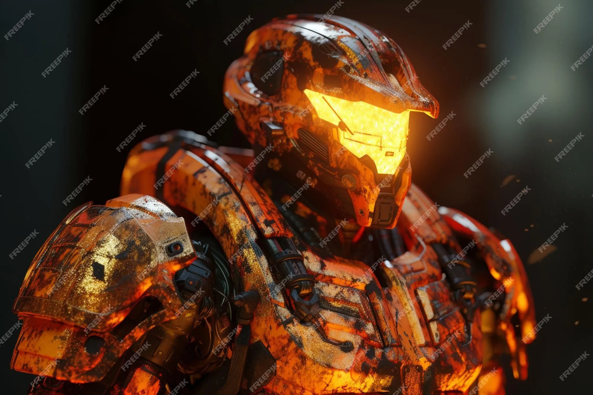 Un primer plano de un casco halo con luces naranjas | Foto Premium