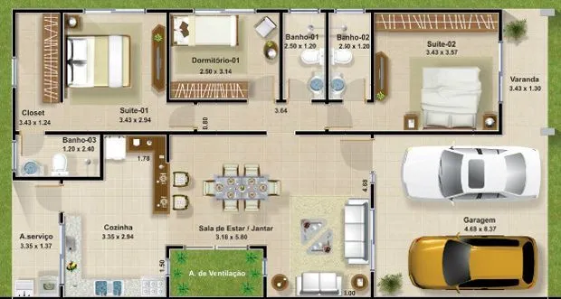 Planta humanizada de casa térrea com jardim de inverno | Ideas ... Planta humanizada de casa térrea com jardim de inverno | Ideas ...