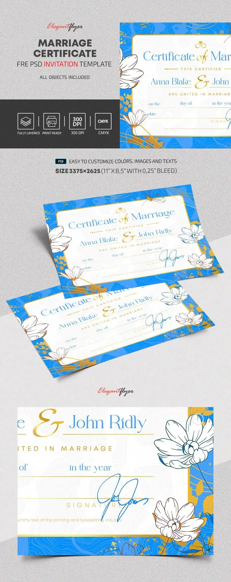 Plantilla de certificado PSD Azul Floral y Plantas Matrimonio Premium  gratuita