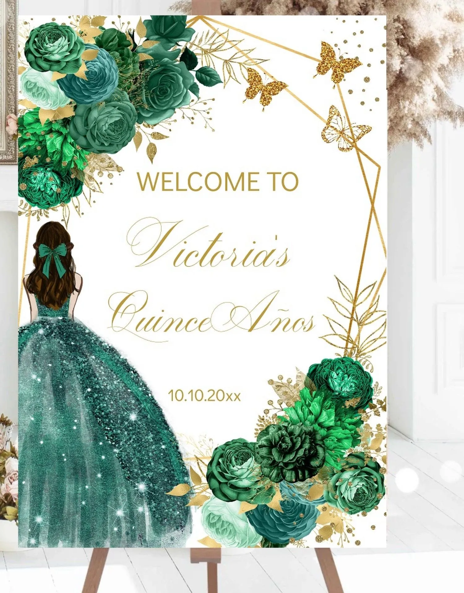 Plantilla editable Quinceañera Signo de bienvenida Verde Esmeralda Floral  Oro Mariposa Mis Quince Años, Dulce 16, Señalización de invitados  Imprimible, Descargar - Etsy México