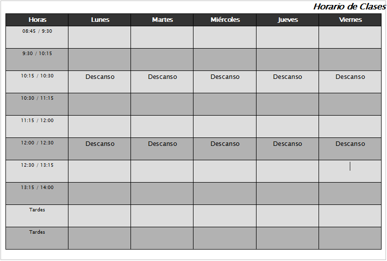Plantilla de horario de clases para Writer | Educadictos