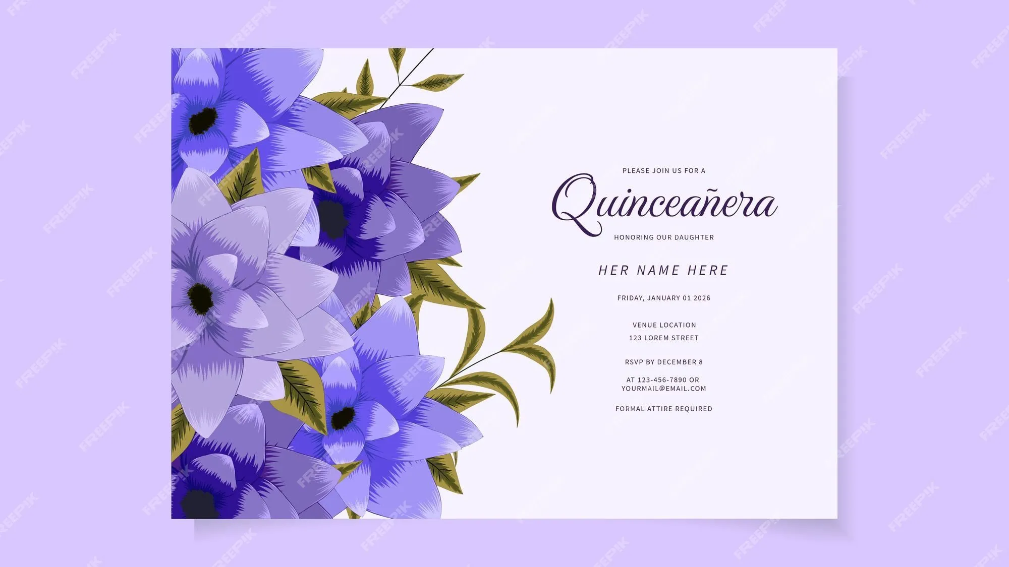 Plantilla de invitación de flores de quinceañera para fiesta de cumpleaños de 15 años | Vector Premium Plantilla de invitación de flores de quinceañera para fiesta de cumpleaños de 15 años | Vector Premium