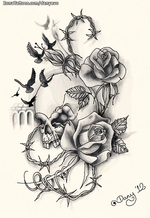 Plantilla/Diseño Tatuaje de DanyEvo - Flores Calaveras Rosas Plantilla/Diseño Tatuaje de DanyEvo - Flores Calaveras Rosas