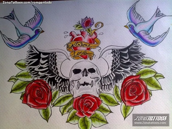 Plantilla/Diseño Tatuaje de rompantodo - Calaveras Rosas Golondrinas