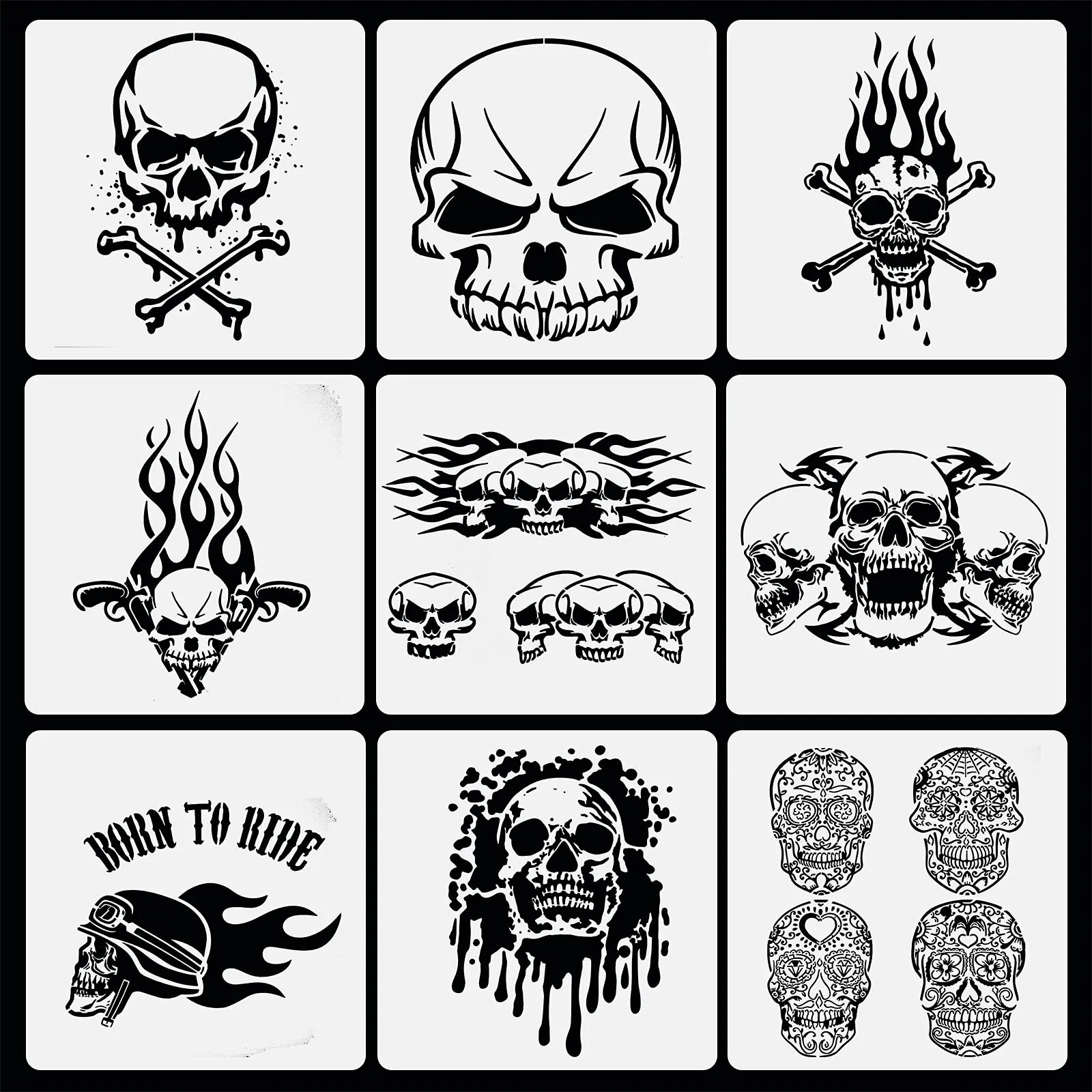 9 plantillas de calavera para pintura artística, plantillas de calavera para álbumes de recortes, dibujo, trazado 9 plantillas de calavera para pintura artística, plantillas de calavera para álbumes de recortes, dibujo, trazado