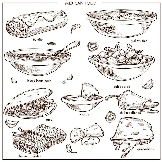 Platos tradicionales de la cocina de comida mexicana vector iconos de boceto para el menú del restaurante | Vector Premium Platos tradicionales de la cocina de comida mexicana vector iconos de boceto para el menú del restaurante | Vector Premium