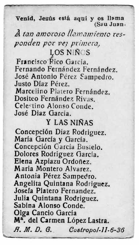 Recordatorio Primera Comunión 1936, reverso. | Castropol Recordatorio Primera Comunión 1936, reverso. | Castropol