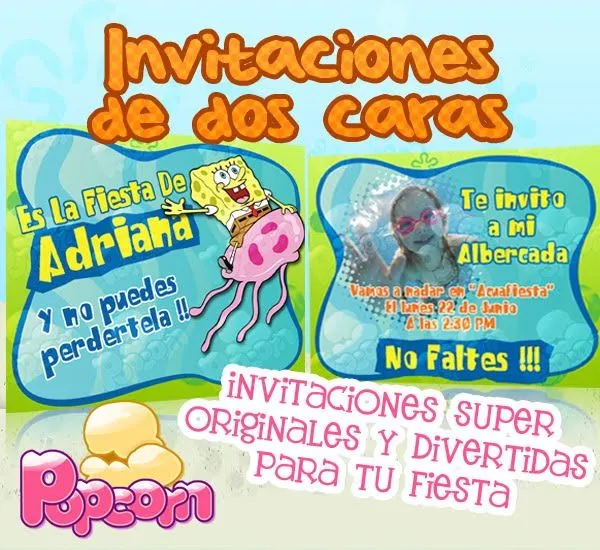 PopCorn: Invitaciones temáticas de Bob Esponja!! PopCorn: Invitaciones temáticas de Bob Esponja!!