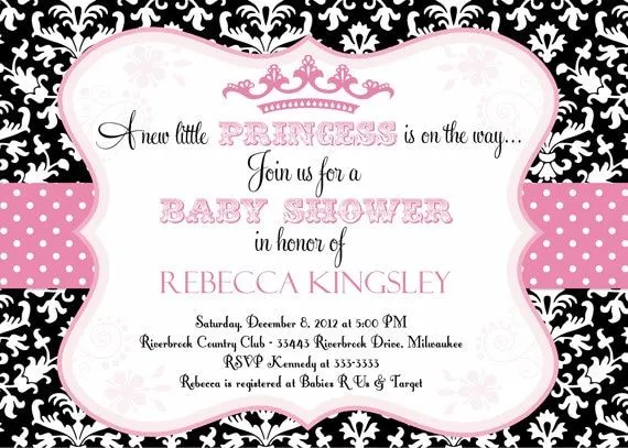 Black &amp; Pink Damask Princess Baby Shower por PartyPopInvites