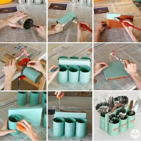 Un portacubiertos con latas de conservas - Guía de MANUALIDADES Un portacubiertos con latas de conservas - Guía de MANUALIDADES