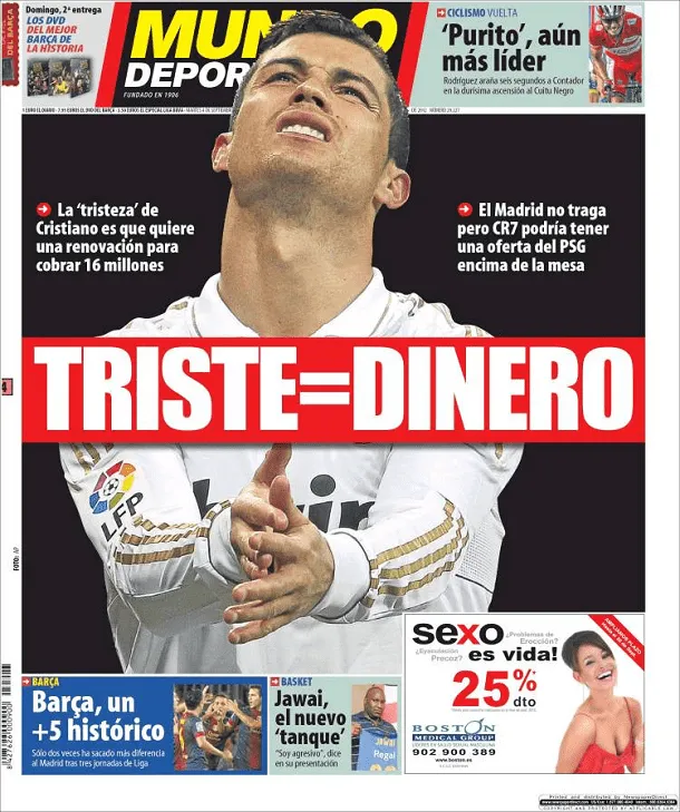 Portada Mundo Deportivo 04/09/2012: Cristiano Ronaldo, Triste ...