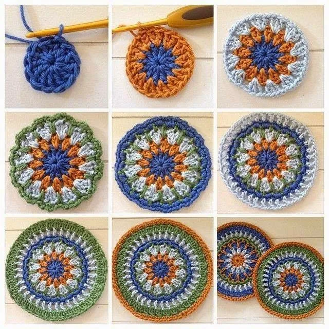 Posavaso o agarradera en lana de 4 colores con ganchillo paso a ... Posavaso o agarradera en lana de 4 colores con ganchillo paso a ...