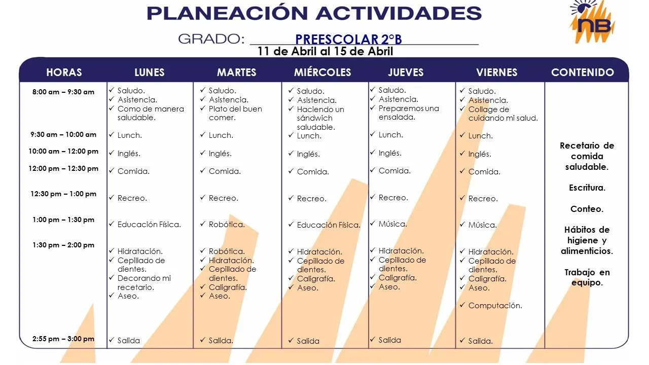 PREESCOLAR 2°B LUNESMARTESHORASMIÉRCOLESJUEVESVIERNESCONTENIDO Saludo. Asistencia. Plato del buen comer. Lunch. Inglés. Comida. Recreo. Robótica. Hidratación. - ppt descargar PREESCOLAR 2°B LUNESMARTESHORASMIÉRCOLESJUEVESVIERNESCONTENIDO Saludo. Asistencia. Plato del buen comer. Lunch. Inglés. Comida. Recreo. Robótica. Hidratación. - ppt descargar