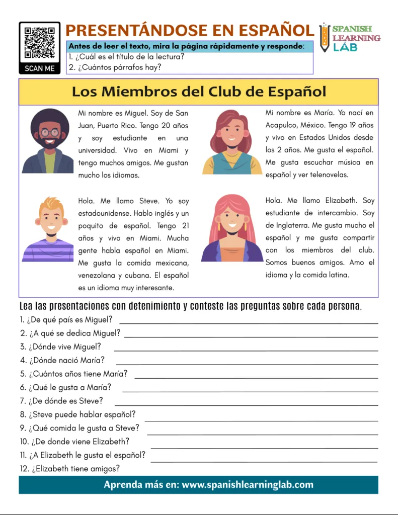 Presentándose en Español - Ejercicios en PDF - Spanish Learning Lab Presentándose en Español - Ejercicios en PDF - Spanish Learning Lab