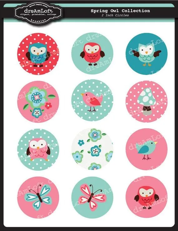 Primavera Owl 2 pulgadas ronda círculos imprimible por DreAmLoft Primavera Owl 2 pulgadas ronda círculos imprimible por DreAmLoft