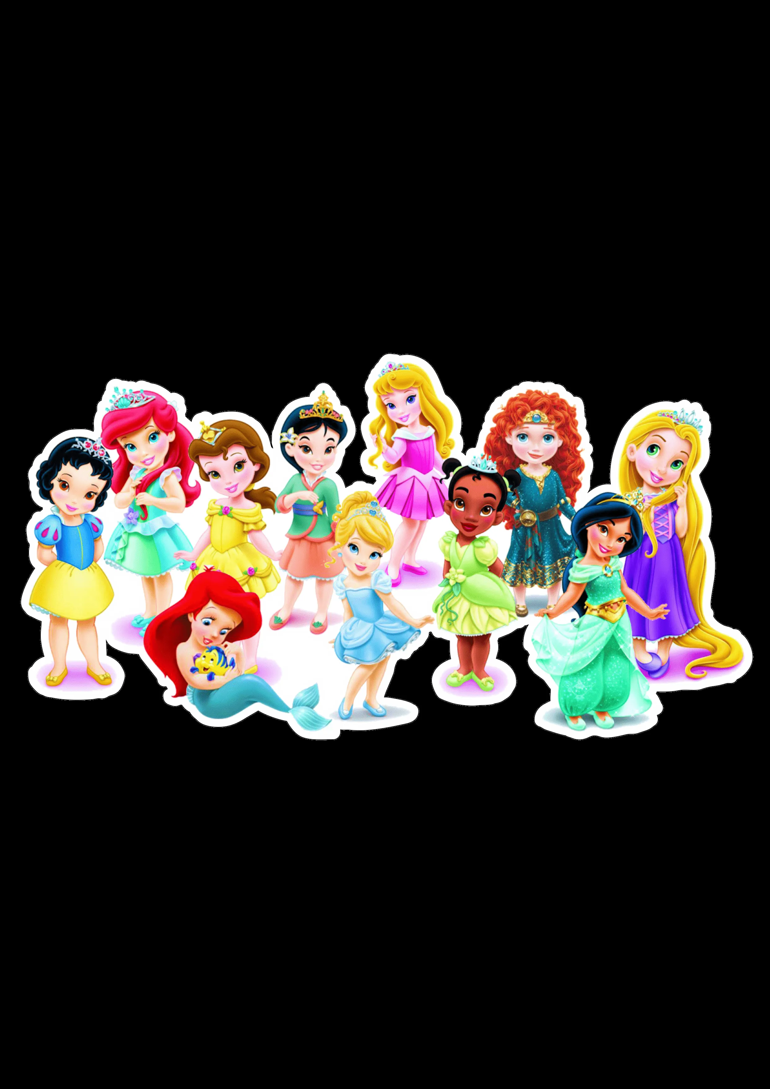 Princesas Disney baby Branca de neve Bela Cinderela Ariel Aurora fundo  transparente Jasmine Rapunzel Tiana png