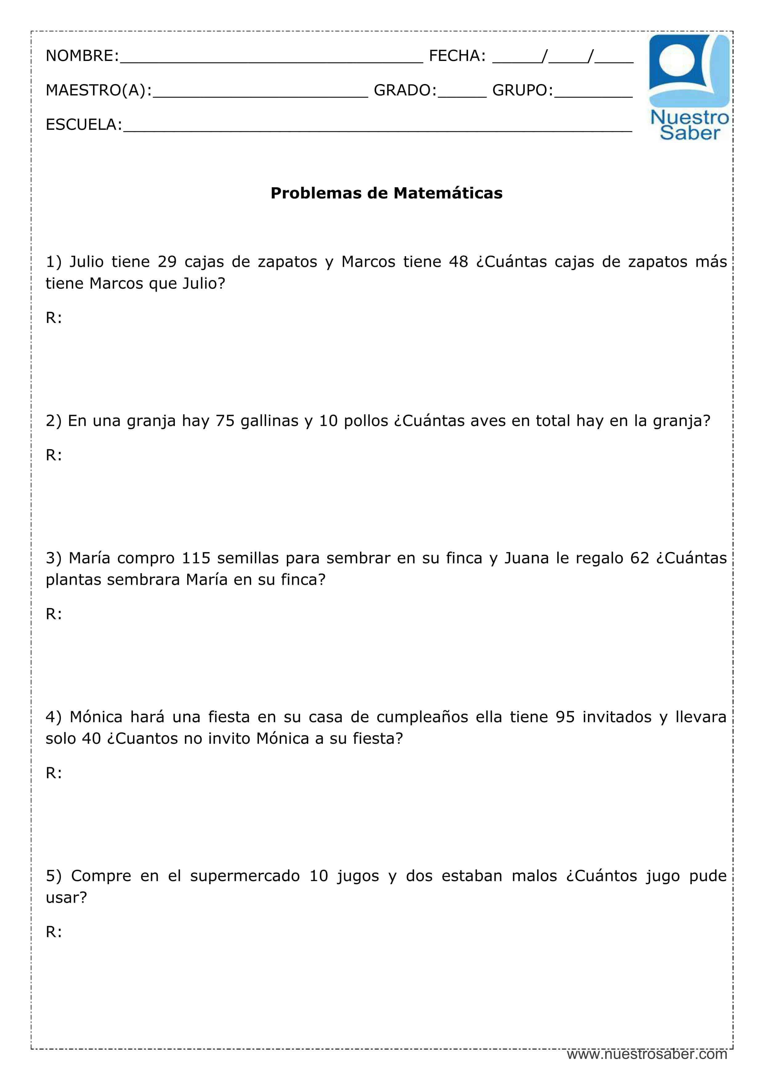 Problemas de Matemáticas: Suma y resta - Tercer grado primaria Problemas de Matemáticas: Suma y resta - Tercer grado primaria