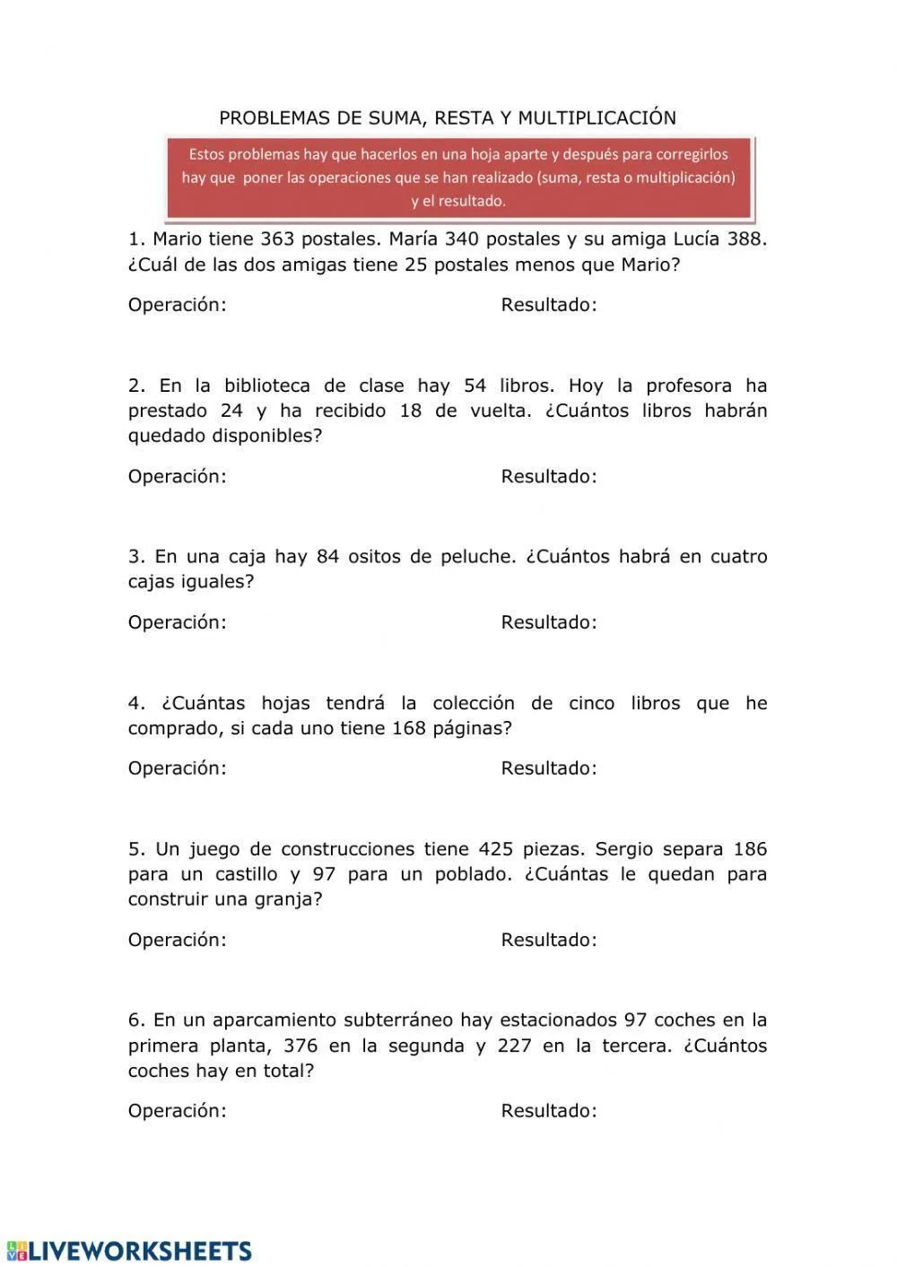 Problemas suma, resta y multiplicación worksheet | Live Worksheets Problemas suma, resta y multiplicación worksheet | Live Worksheets