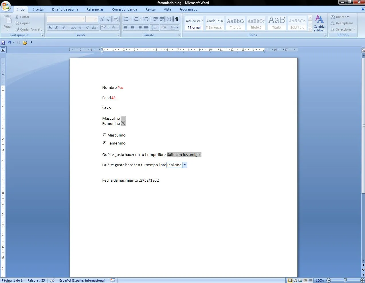 PROFELAND: HACER UN FORMULARIO/CUESTIONARIO CON WORD 2007 PROFELAND: HACER UN FORMULARIO/CUESTIONARIO CON WORD 2007
