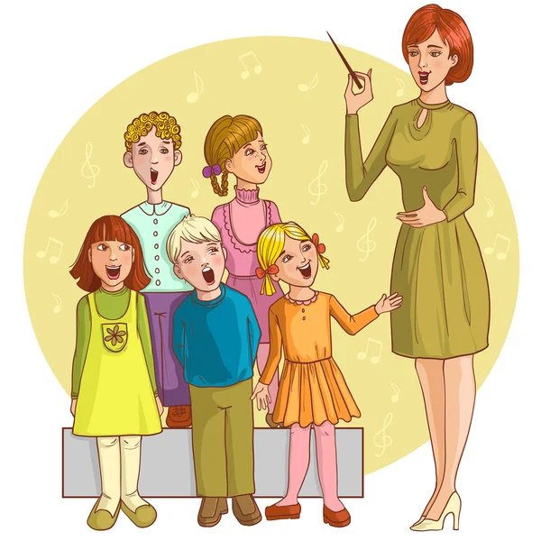 Profesor de música cantando con el coro de niños — Vector stock ... Profesor de música cantando con el coro de niños — Vector stock ...