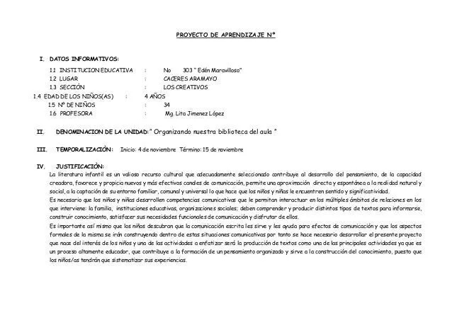 Proyecto de aprendizaje nº Organizando mi biblioteca del aula Proyecto de aprendizaje nº Organizando mi biblioteca del aula