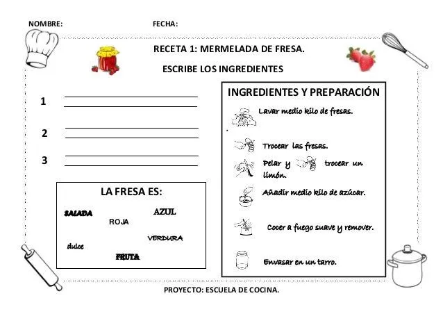 Proyecto &quot;Escuela de cocina&quot;, fichas y otros recursos