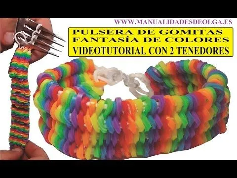 COMO HACER PULSERA DE GOMITAS FANTASÍA DE COLORES CON 2 TENEDORES ...