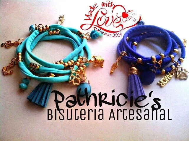 Pulseras en Tela. Terminacion dorada con borla, dijes y piedras ...