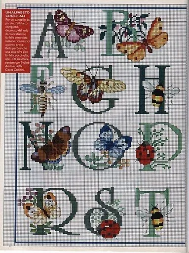 Punto de Cruz GRATIS: Abecedario con mariposas y libélulas