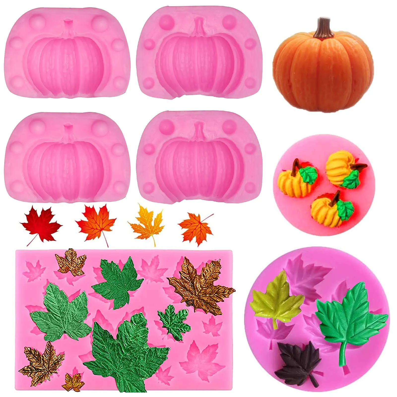 Rainmae 5 moldes de silicona de calabaza 3D para otoño, mini moldes de calabaza para magdalenas de agradecimiento, hojas de arce, fondant, decoración de pasteles, chocolate, caramelo, arcilla, moldes para otoño : Rainmae 5 moldes de silicona de calabaza 3D para otoño, mini moldes de calabaza para magdalenas de agradecimiento, hojas de arce, fondant, decoración de pasteles, chocolate, caramelo, arcilla, moldes para otoño :