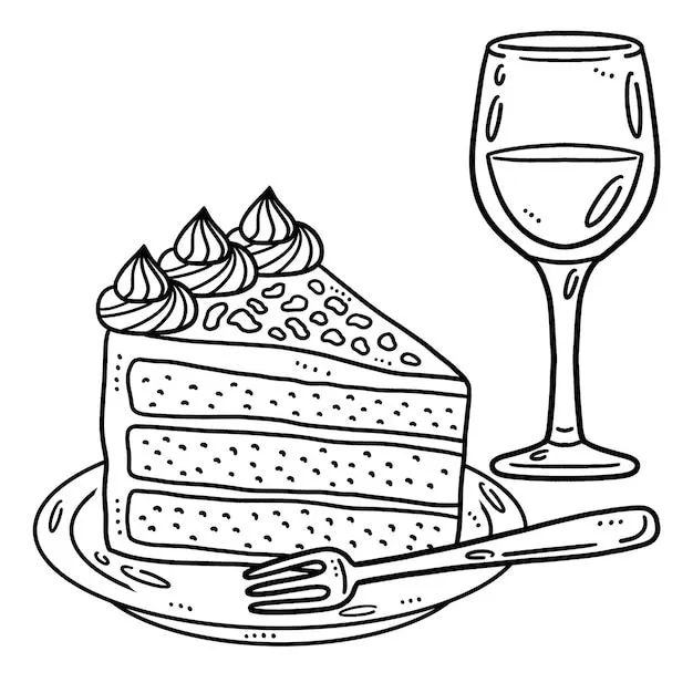 Rebanada de pastel con copa de vino para colorear aislado | Vector Premium Rebanada de pastel con copa de vino para colorear aislado | Vector Premium