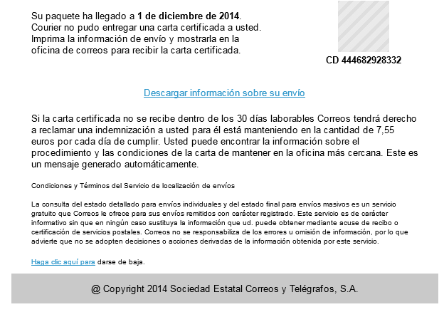 Tiene que recoger un paquete postal. Virus | Trolas en la Red Tiene que recoger un paquete postal. Virus | Trolas en la Red