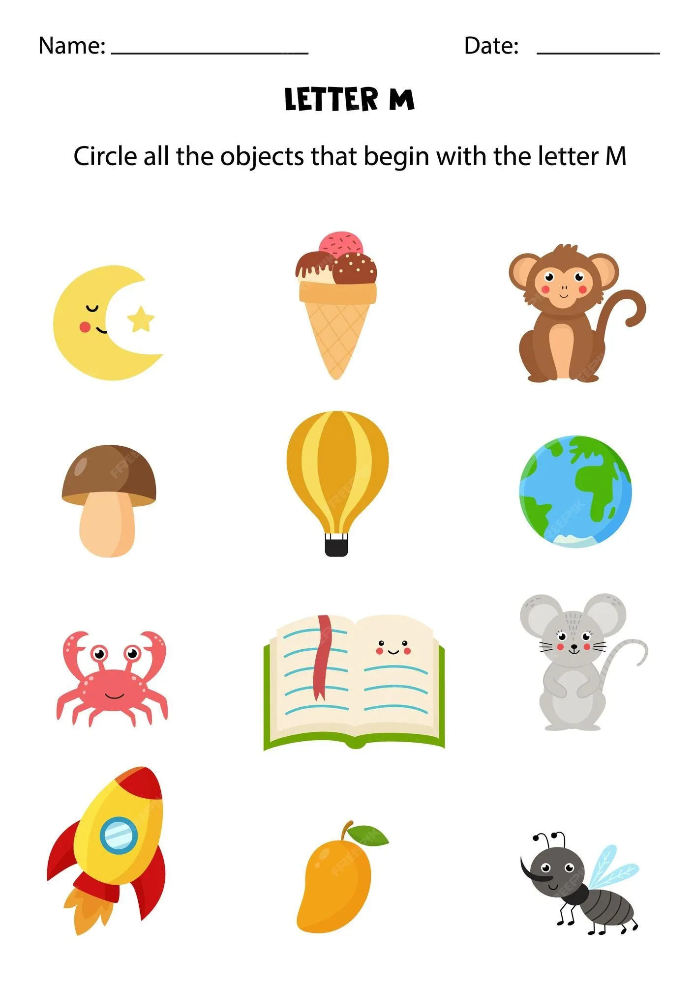 Reconocimiento de letras para niños. encierra en un círculo todos los objetos que comienzan con m. | Vector Premium Reconocimiento de letras para niños. encierra en un círculo todos los objetos que comienzan con m. | Vector Premium
