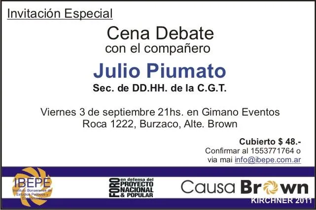 RED DE VECINOS EN ACCIÓN: Julio PIUMATO - Cena Debate en Alte. Brown RED DE VECINOS EN ACCIÓN: Julio PIUMATO - Cena Debate en Alte. Brown