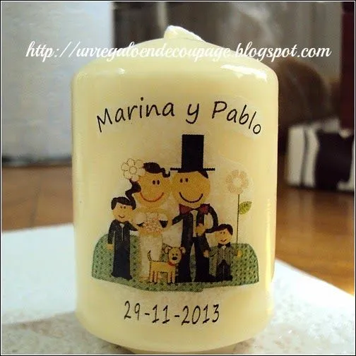 UN REGALO EN DECOUPAGE: RECUERDOS DE MATRIMONIO: VELAS PERSONALIZADAS