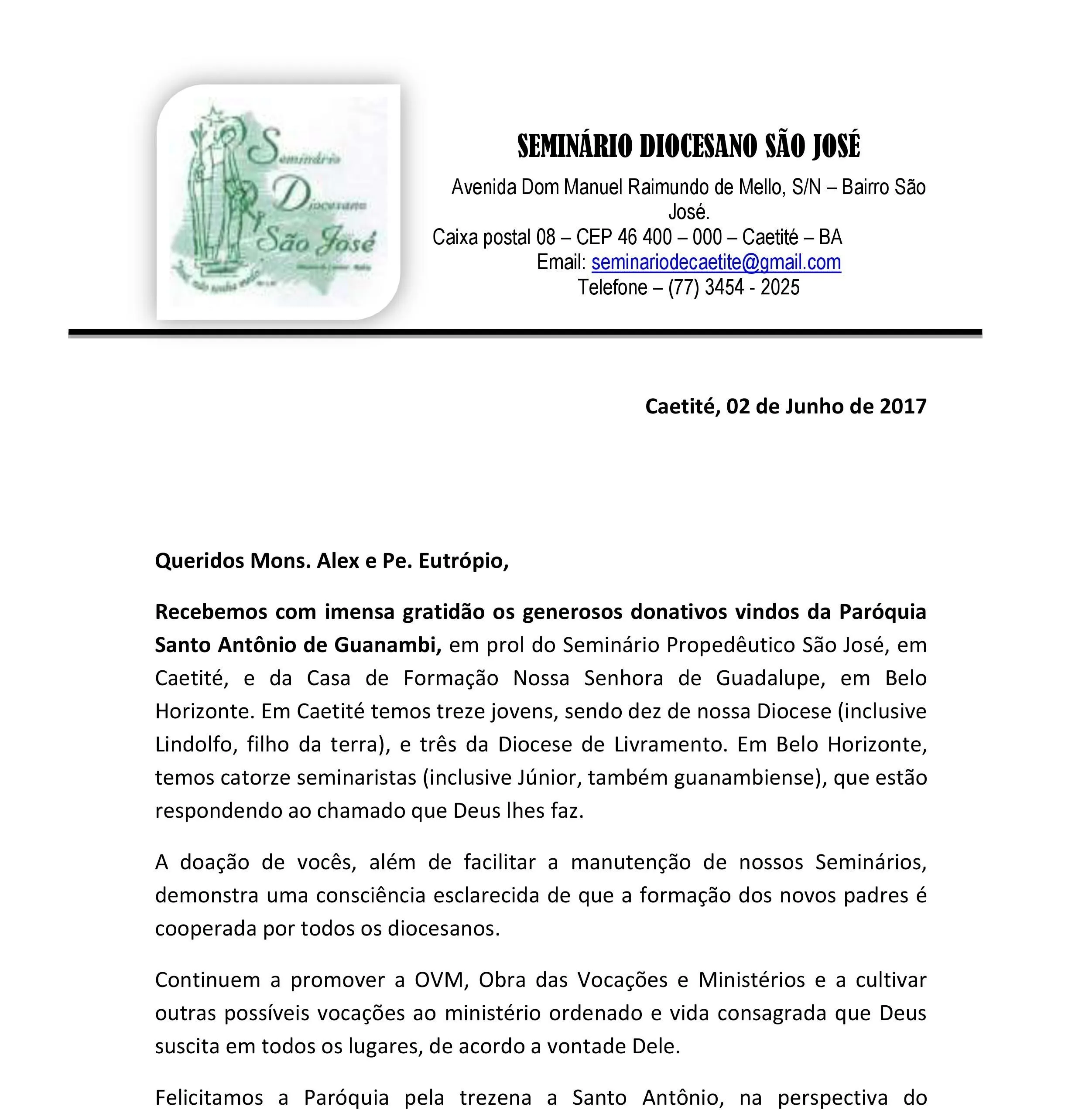 Reitor do seminário envia mensagem de agradecimento aos paroquianos de Guanambi – Paróquia Santo Antônio – Guanambi – BA Reitor do seminário envia mensagem de agradecimento aos paroquianos de Guanambi – Paróquia Santo Antônio – Guanambi – BA