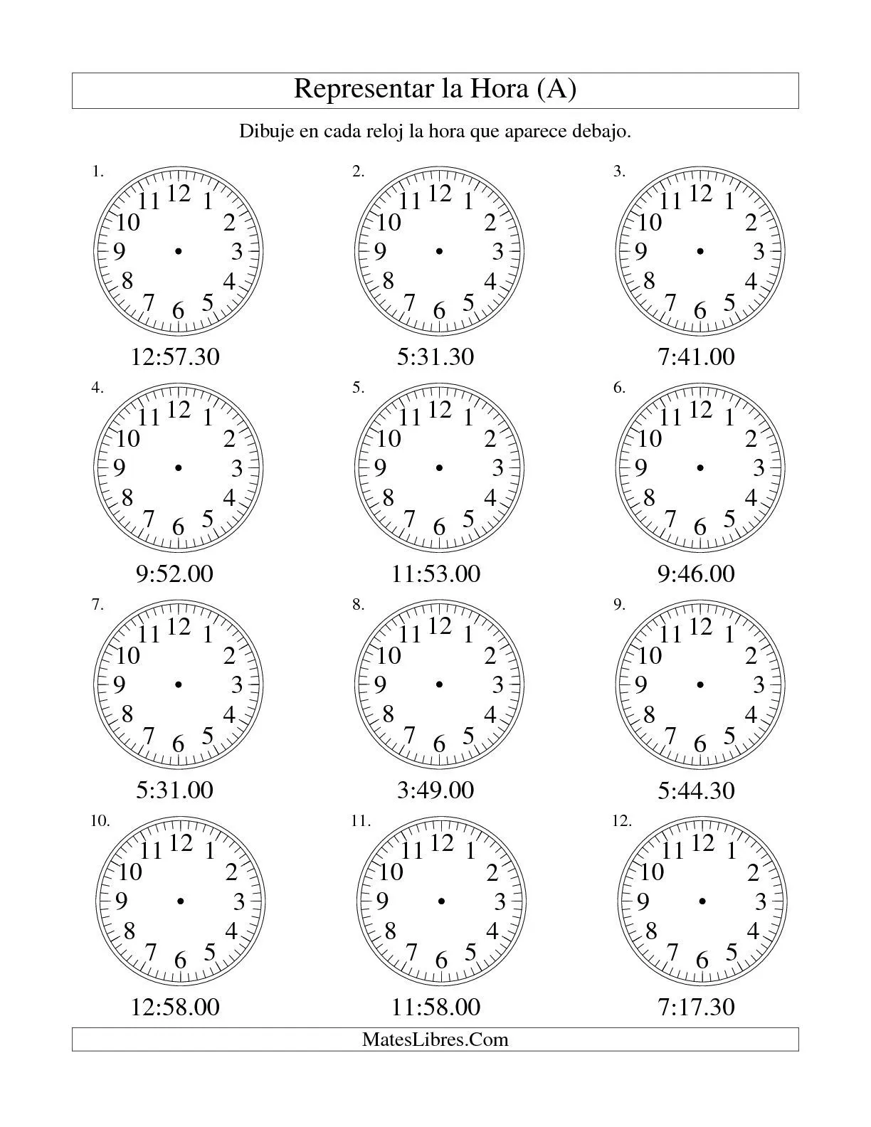 Representar la Hora en un Reloj Analógico en Intervalos de 30 ... Representar la Hora en un Reloj Analógico en Intervalos de 30 ...