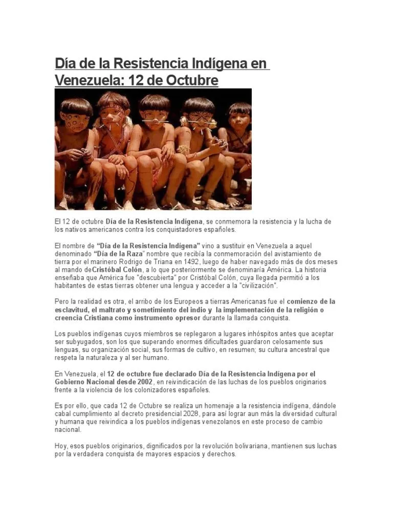 Día de La Resistencia Indígena en Venezuela | PDF | Pueblos Indígenas de las Américas | Venezuela Día de La Resistencia Indígena en Venezuela | PDF | Pueblos Indígenas de las Américas | Venezuela