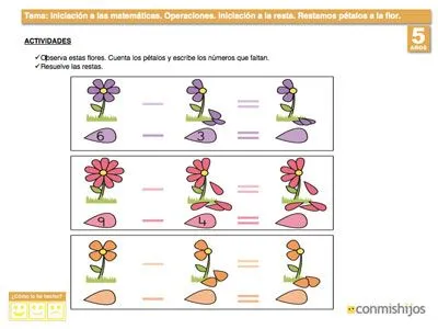 Restar pétalos de flor. Ejercicio de restas para niños