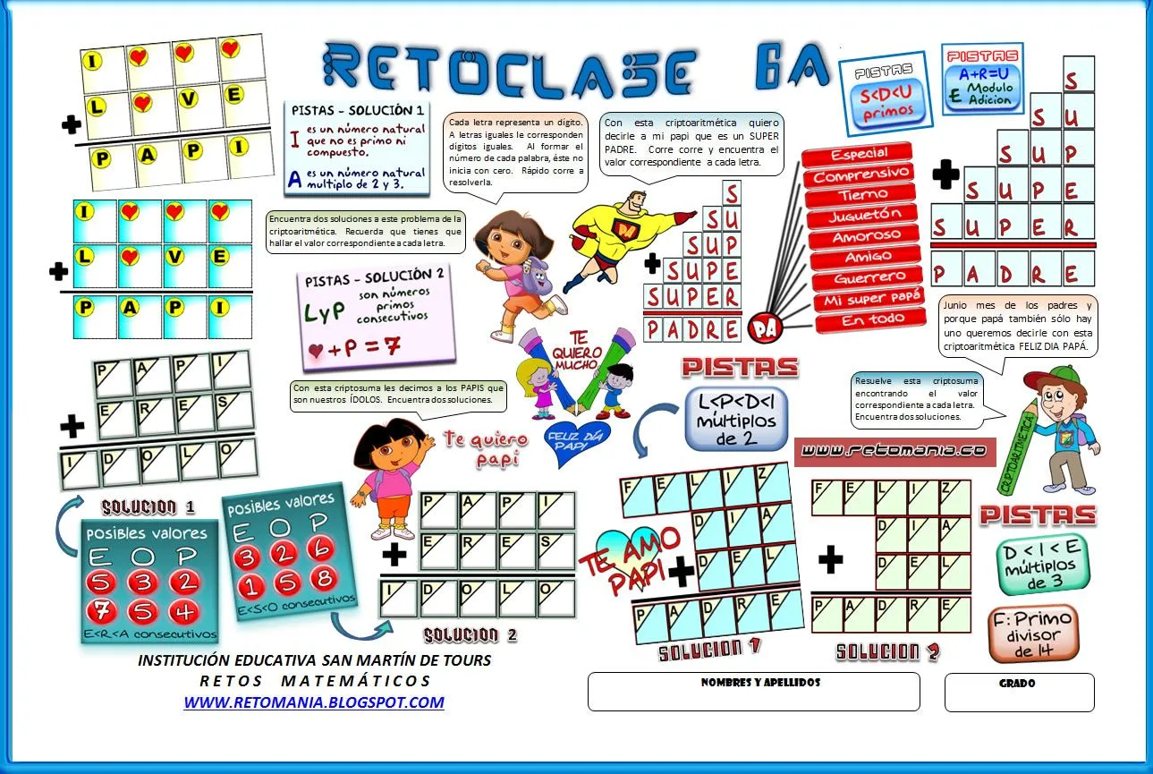 RETOCLASE 6A - CRIPTOARITMÉTICA PAPÁ ~ RETOS MATEMÁTICOS RETOCLASE 6A - CRIPTOARITMÉTICA PAPÁ ~ RETOS MATEMÁTICOS