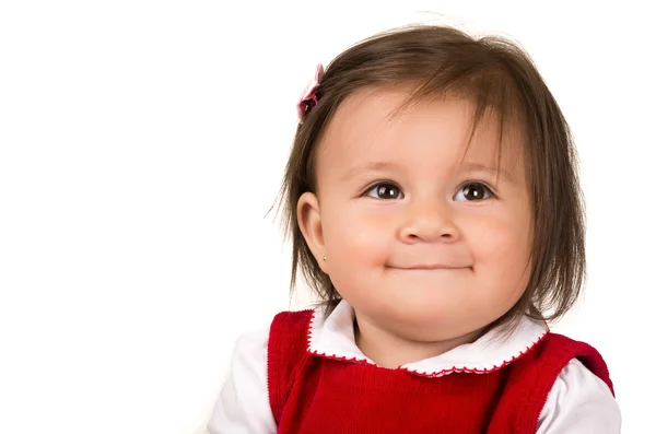Retrato de niña adorable bebé morena con vestido rojo — Foto stock ... Retrato de niña adorable bebé morena con vestido rojo — Foto stock ...