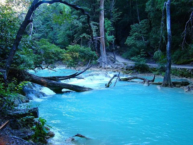 Un río y una cadena de cascadas de agua turquesa, en México ...