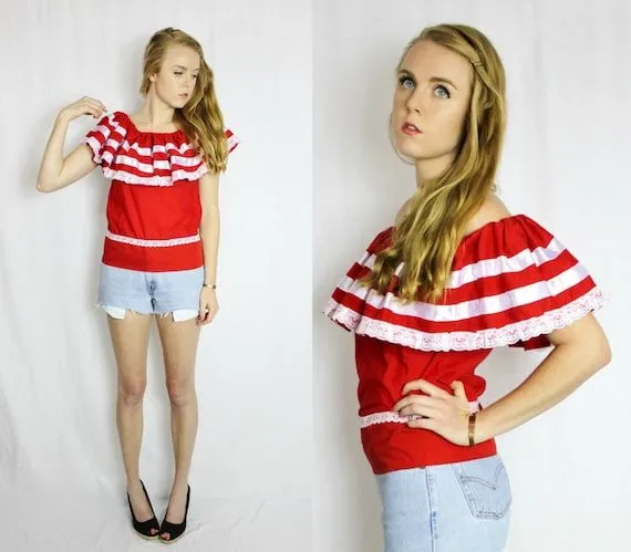 Rojo de la blusa campesina mexicana de hombro por IndiumVintage Rojo de la blusa campesina mexicana de hombro por IndiumVintage