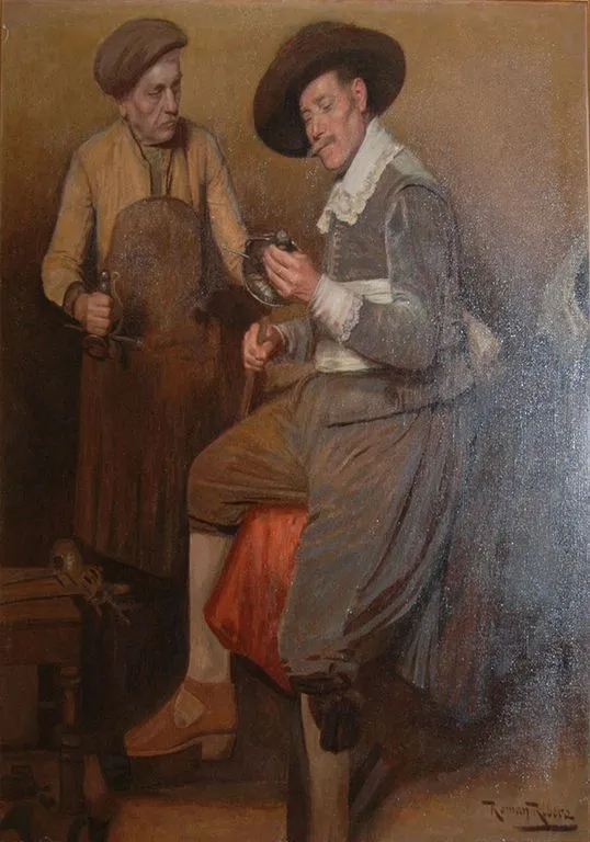 Roman Ribera, oleo sobre lienzo. Caballero en casa del Herreo ...