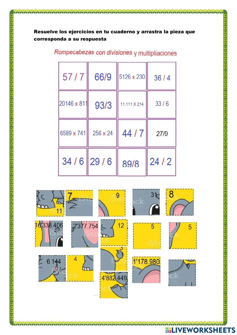 Rompecabezas con divisiones y multiplicaicones worksheet | Live Worksheets