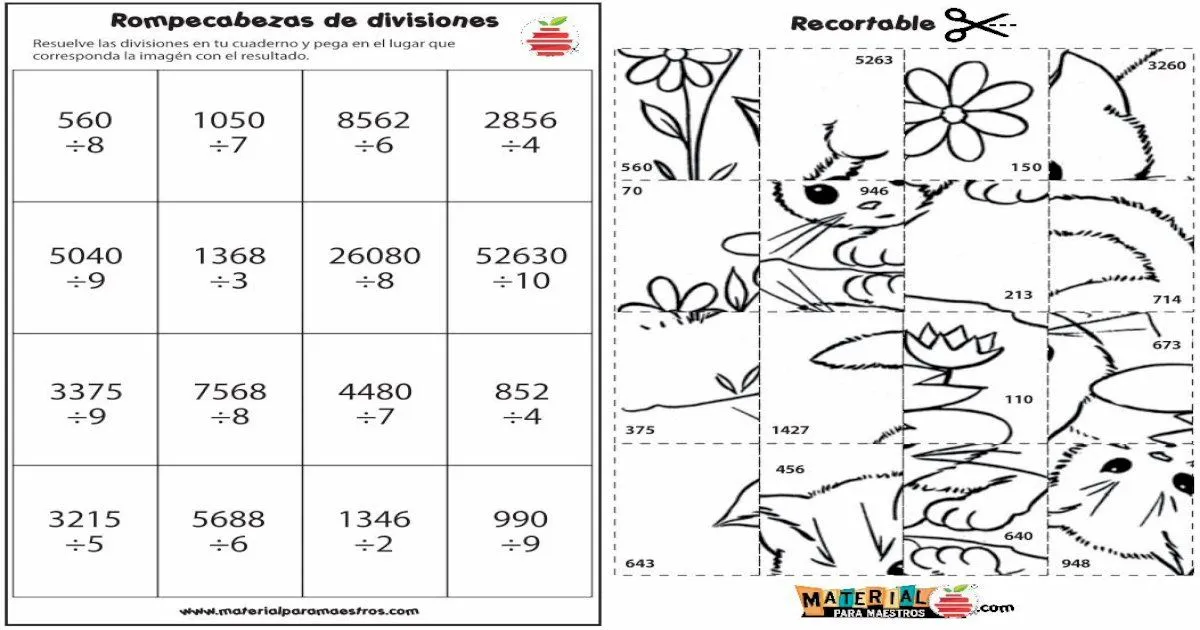 Rompecabezas de divisiones Recortable Resuelve las divisiones en tu  cuaderno y pega en el lugar que corresponda la imagén con el resultado. 560  ÷8 1050 ÷7 8562 ÷6 2856 ÷4 - [PDF Document]